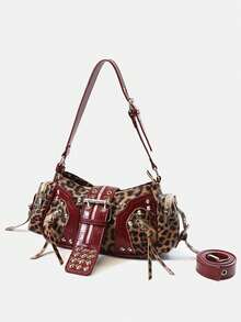 New Retro Chic Leopard Print Underarm Bag, High-End Y2K Punk Rivet Motorcycle Commuter Versatile Shoulder Handbag - Multicolor - View 7