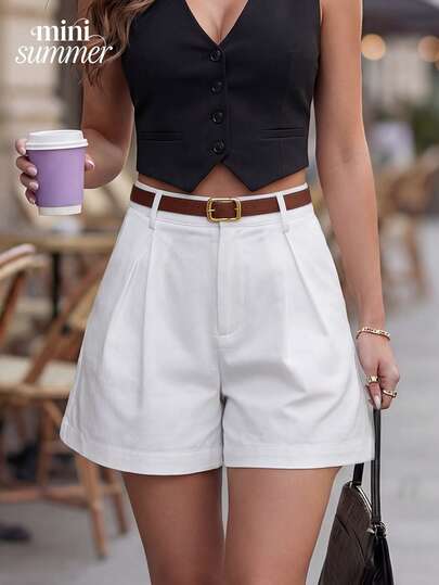 女士春夏新款白色高腰阔腿褶皱短裤 - 飘逸宽松版型，情人节穿搭必备，通勤、约会、早午餐皆宜