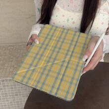 复古创意黄色格子苹果设计可爱平板电脑保护套，兼容苹果第11代、Pro 2025新款、可爱第10代、时尚Air 7/6，带笔槽，防弯折11英寸平板电脑保护套，女孩适用 - 黃色 - 查看 2