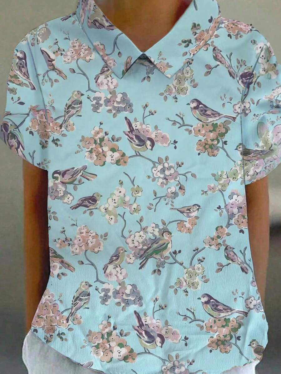Women's Regular Sleeve Bird & Floral Print Button-Up Shirt, Non-Stretch Polyester Fabric, Spring/Summer - Multicolor - View 1