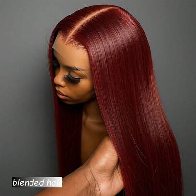Hidden Strap Snug Fit Lace Frontal Wigs Human Blended Hair Invisible Strap Pre Plucked Pre Cut Lace 180 Density Straight Lace Front Wig With Drawstring Glueless Wigs Human Blended Hair For Women,8-36 Inch 13x4 99J Burgundy