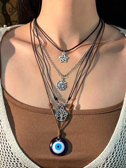 4pcs/Set Bohemian Style Evil Eye, Tree Of Life, Face Sun Pendant Necklace, Vintage Minimalist Casual Daily, Party, Couple Date, Women's Festival Birthday Versatile Jewelry Gift