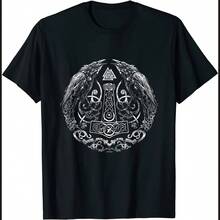 Odin's Raven Huginn And Muninn Thor Hammer Norse Myth Runes T-Shirt 100% Cotton O-Neck Summer Short Sleeve Casual Mens T-Shirt - 黑色 - 查看 1