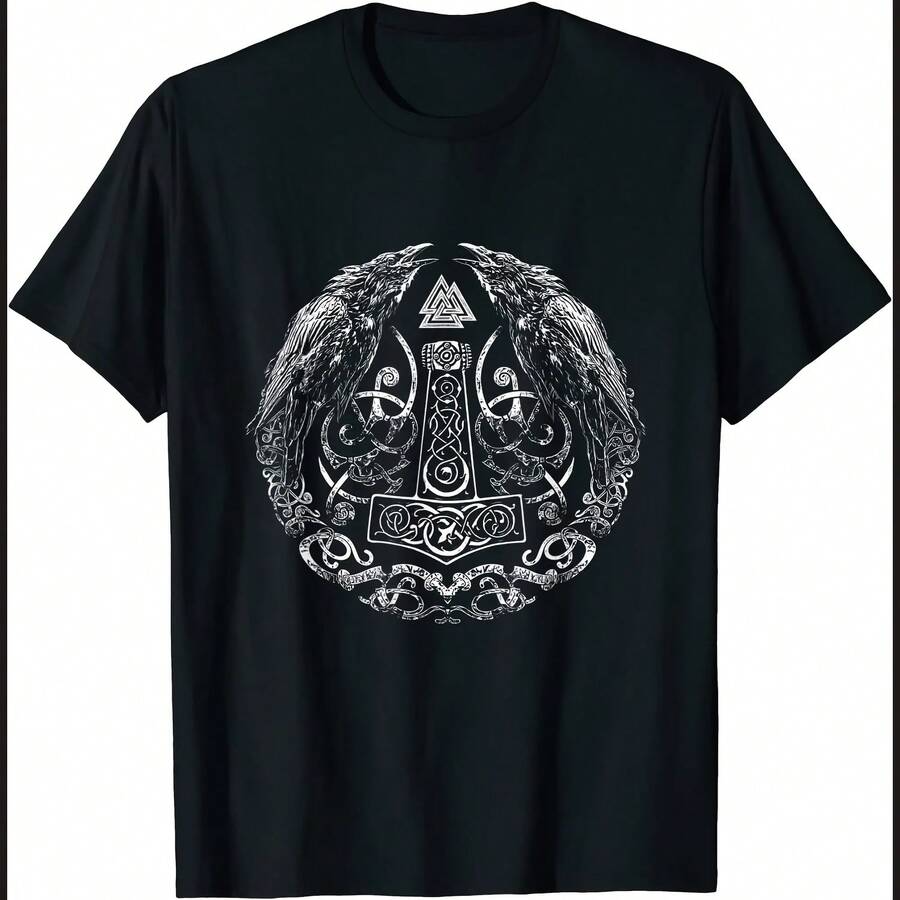 Odin's Raven Huginn And Muninn Thor Hammer Norse Myth Runes T-Shirt 100% Cotton O-Neck Summer Short Sleeve Casual Mens T-Shirt - 黑色 - 查看 1