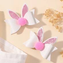 MIYA 2-Piece Glitter White Fabric Girls' Sparkly Bow Pom-Pom Bunny Hair Clips - Shiny Hair Barrettes Ponytails, Festival Party School Style Hair Accessories Women & Girls, Cute Easter Bunny Hair Embellishments - 白色 - 查看 6