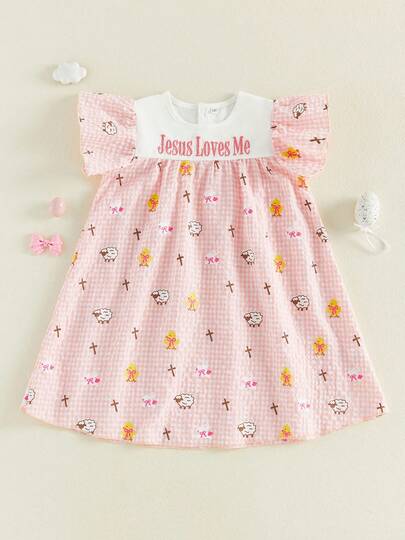 Toddler Girl Easter Dress Jesus Loves Me Christian Church Outfit Flutter Sleeve Gingham Cross Lamb Sundress 1-6Y