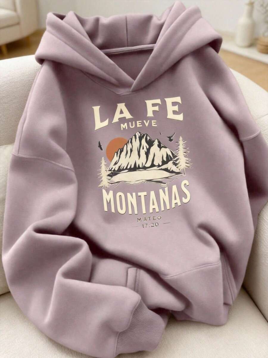 Hoodie mujer sudadera gorro capucha bolsillo canguro puños acanalados calientita cómoda diario estampado al frente montañas mensaje de fe y esperanza versículo bíblico - Caqui - Ver 1