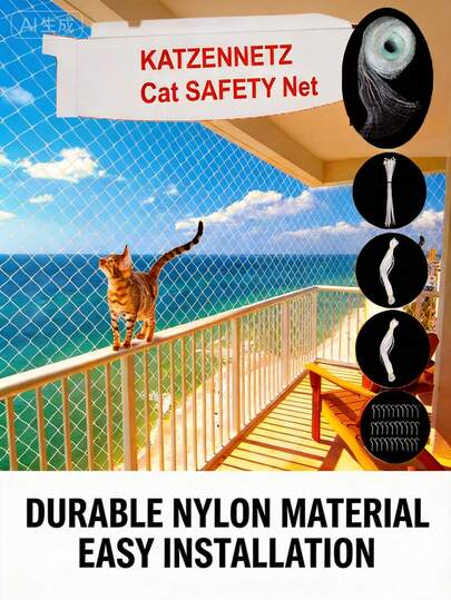 3 Meters*4m Cat Balcony Safety Net (Includes 20 Straps, 20 Expansion Screws, 20 Hooks) Cat Balcony Protective Fence Net, Cat Anti-Fall Net, Cat Railing Net, Pet Enclosure Suitable For Balcony, Railing, Stairs, Terrace, Etc.