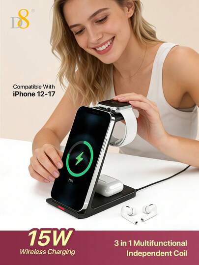 Station de charge sans fil 3 en 1 MagSafe D8, chargeur rapide 15W compatible avec iPhone 17/16/15 Pro Max/15/14 Pro Max/14/13 Pro Max/13/12 Pro Max/12, station de charge magnétique compatible avec 3/2/Pro, pour Apple Watch Série Ultra/8/7/6/5/4/3/2/SE, chargeur de table de nuit pliable MagSafe portable