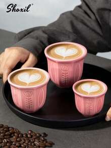 shoxil 1pc Pink Embossed Tulip Ceramic Cup, Middle Eastern Style Coffee Cup, Saudi Style Tea Cup, Water Cup, Matcha Cup, Available In 3 Sizes, Suitable For Home, Restaurant, Yard, Coffee Corner, Ramadan Gift - Cup - View 4