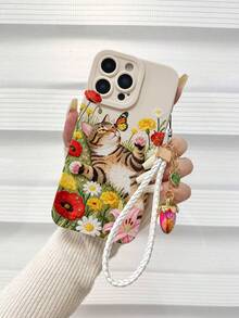 Cute Cat Painted Perforated Beige Painted With 5-Leaf Rope Simple Fashion Creative Anti-Drop Phone Case, Compatible With IPhone, Compatible With Samsung Galaxy, Compatible With Xiaomi, Compatible With - Multicolor - View 7