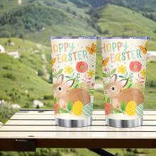 1pc/5pcs 20oz Stainless Steel Insulated Tumbler. A Cute Car-Shaped Cup With A Yellow Bunny And Colorful Egg Pattern, Comes With A Leak-Proof Lid, Suitable For Outdoor Activities Or Camping. Spring/Summer Style For Holiday Celebrations. - Multicolor - View 10