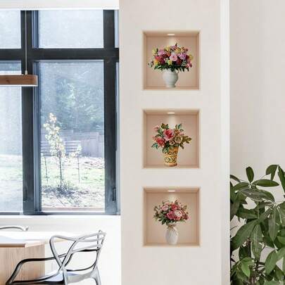 3 ark realistiska pionväggdekaler med ram och ljusdesign - självhäftande PVC modern skalbar och självhäftande tapet lämplig för vardagsrum, sovrum - lättinstallerade klistermärken, 2D platta hemdekorationer