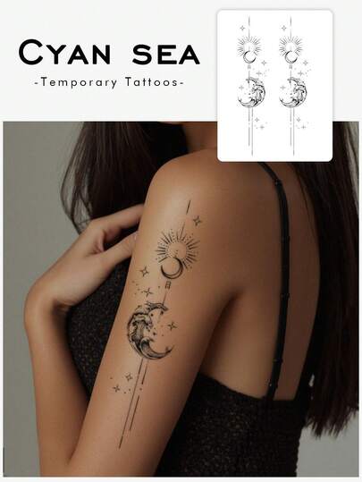 1张情人节临时纹身贴纸，Y2K斋月新月太阳波浪海娜图案，时尚美甲假纹身，植物假纹身 - 临时纹身 - 适合生日、婚礼、派对装饰，持续3-5天。