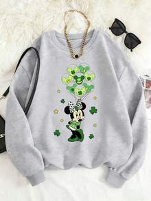 Disney Officially Licensed Kids' Sweatshirt, Unisex Ages 1-14, Stylish Relaxed Fit Heather Gray With Minnie Mouse Shamrock Print, 100% Polyester Ultra Comfortable & Super Soft, High-End Look, High Rate Of Repeat Customers, Versatile For Daily Wear, Commute Essential, Disney Limited Edition Design, Perfect For Fall & Spring, New Arrival, Express Delivery - 灰色 - 查看 1