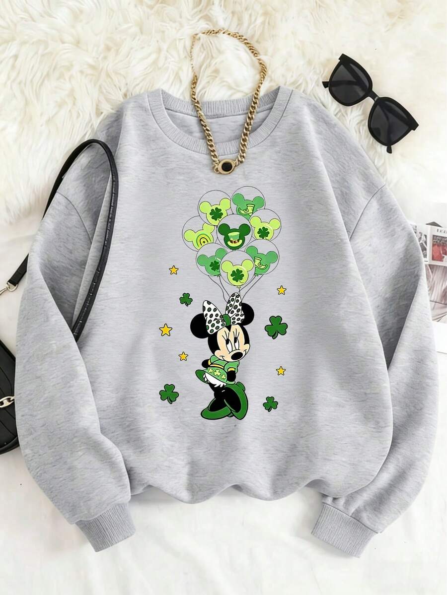 Disney Officially Licensed Kids' Sweatshirt, Unisex Ages 1-14, Stylish Relaxed Fit Heather Gray With Minnie Mouse Shamrock Print, 100% Polyester Ultra Comfortable & Super Soft, High-End Look, High Rate Of Repeat Customers, Versatile For Daily Wear, Commute Essential, Disney Limited Edition Design, Perfect For Fall & Spring, New Arrival, Express Delivery - 灰色 - 查看 1