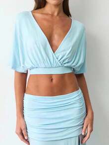 Women's Fashionable Light Blue Knit Batwing Sleeve Cropped Top, Deep V-Neck Summer - Blue - View 5