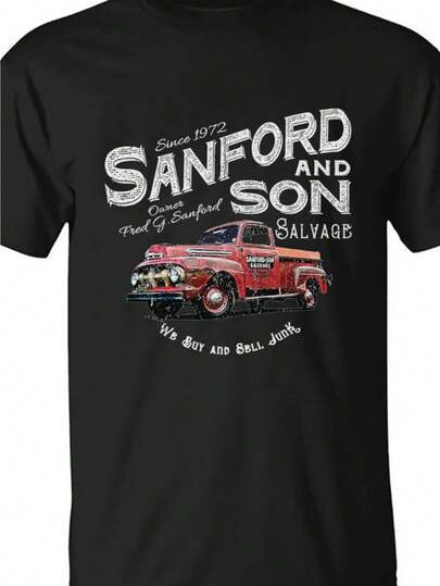 [Plus Size T-Shirt] Black Vintage Pickup Truck Graphic Tee - 'SANFORD AND SON' Retro Design With Distressed Font, 'Since 1972', 'We Buy And Sell Junk' Curved Text, Bold Red And White Colors, Comfortable Loose Fit, Perfect For Casual Wear, Great For Classic Car Enthusiasts