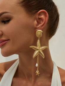 2pcs/Set Metallic Seashell, Starfish & Faux Pearl Tassel Pendant Earrings, Luxurious & Elegant, Suitable For Wedding, Party, Beach Vacation, Casual Daily Wear, Street Style Photography, Unisex Gift - Earring - View 3