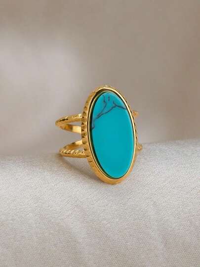 Anillo ajustable vintage de piedra natural verde de alta calidad para mujer, chapado en oro de 18K, acero inoxidable, regalo para el dedo diario