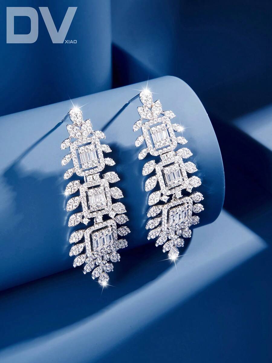 DV JEWELRY 一对奢华立方氧化锆镀白金吊坠耳环，优雅珠宝礼品，适合女士佩戴，适用于约会、婚礼、派对、周年纪念等场合，附赠礼盒 - 銀色 - 查看 1