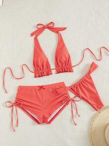 PEPPERMOLLY Bộ đồ bơi 3 mảnh chấm bi đỏ kiểu retro dành cho nữ - Áo tankini hai dây xếp ly kết hợp với quần bikini gợi cảm và quần short bơi, thích hợp cho bãi biển, hồ bơi và kỳ nghỉ hè. - Đỏ - Xem 6