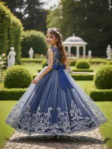 Vestido de niña preadolescente de alta gama con bordado de lentejuelas sin mangas para niña de las flores en boda, vestido de princesa esponjoso para fiesta de cumpleaños y boda - Azul Marino - Ver 2