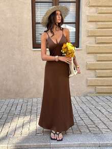 PoPoHouse 女士优雅缎面连衣裙，性感露背深V领修身长裙，夏季度假正式婚礼宾客派对外出棕色连衣裙 - 棕色 - 查看 8