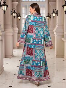 中东风格V领图案女式长袍 - 彩色 - 查看 6