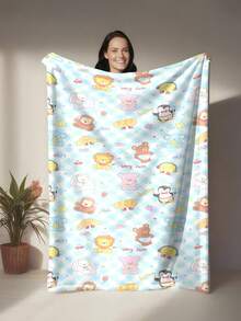 Cartoon Animal Plaid Printed Flannel Blanket - Soft & Comfortable, Suitable For Travel, Camping, Sofa, Bedding - Modern Minimalist Cartoon Print, Comfortable Bedding Accessory For All Seasons, Versatile - Multicolor - View 3