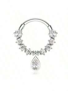 1 Piece Delicate Cubic Zirconia Inlaid Waterdrop Pendant Nose Hoop Ring For Girls Valentine's Day Gift - Silver - View 4