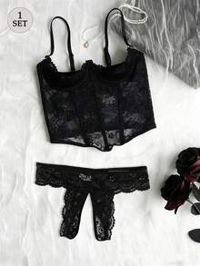 女士性感蕾丝内衣套装，鱼骨纹透视文胸搭配黑色蕾丝无裆内裤，适合浪漫约会之夜，可拆卸内衣套装 - 黑色 - 查看 1