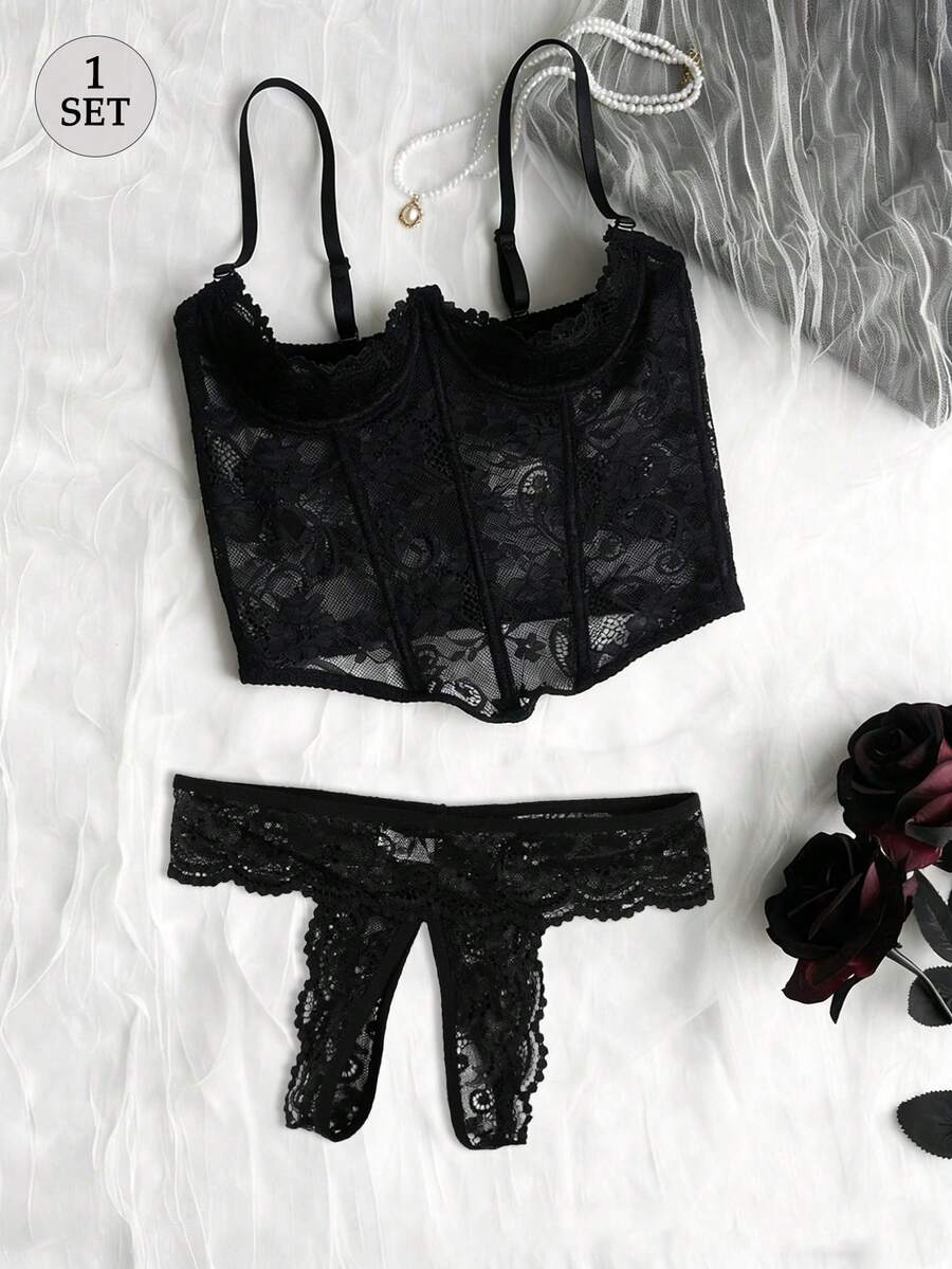 女士性感蕾丝内衣套装，鱼骨纹透视文胸搭配黑色蕾丝无裆内裤，适合浪漫约会之夜，可拆卸内衣套装 - 黑色 - 查看 1
