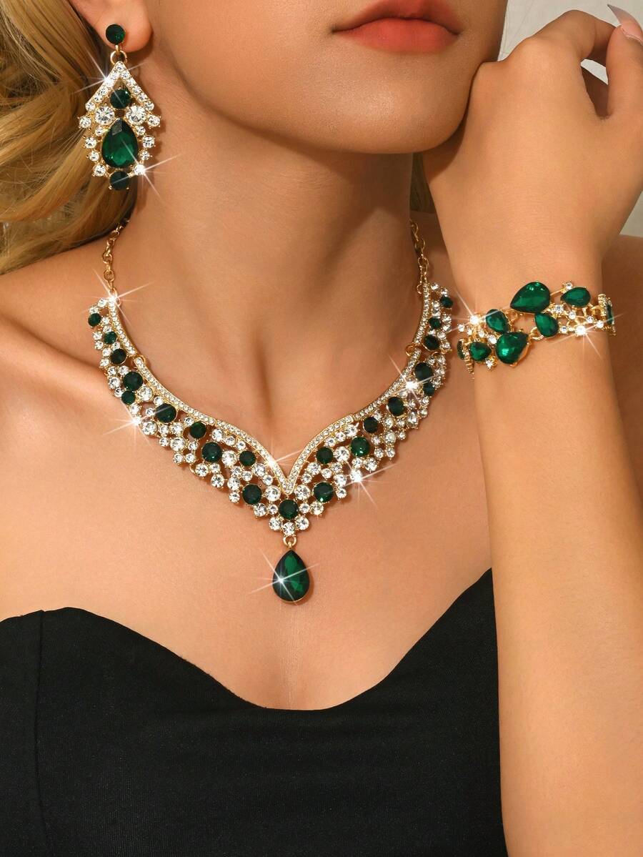 Conjunto de joyas con tono dorado y diamante de imitación verdes para mujeres | Collar en forma de V, pulsera y aretes colgantes para boda, fiesta, baile de graduación y gala - verde dorado - Ver 1