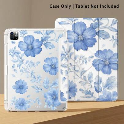 花卉图案亚克力水晶保护壳，适用于荣耀和苹果平板电脑。防弯折，硅胶加固边角，自动唤醒/睡眠功能，内置笔槽，多角度可折叠支架——完美日常保护，理想礼品。