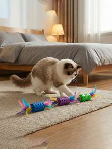 1 pieza Juguete realista de plumas para gatos, hecho de fibra de poliéster con campana incorporada, alivio del estrés, adecuado para gatos de todas las edades, sin batería - Multicolor - Ver 4