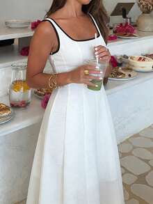 无袖V领A字优雅女士沙滩婚礼派对连衣裙，适合新年、情人节、毕业典礼、海滩装扮 - 白色 - 查看 1