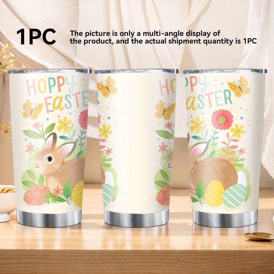1pc/5pcs 20oz Stainless Steel Insulated Tumbler. A Cute Car-Shaped Cup With A Yellow Bunny And Colorful Egg Pattern, Comes With A Leak-Proof Lid, Suitable For Outdoor Activities Or Camping. Spring/Summer Style For Holiday Celebrations. - Multicolor - View 1