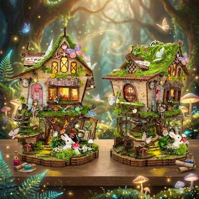 Rowan's Treehouse DIY Miniature House Kit With LED Touch Light, Wooden Fairy Tree House Dollhouse, Forest Book Nook Model, Handmade Home Decor & Creative Gift For Adults