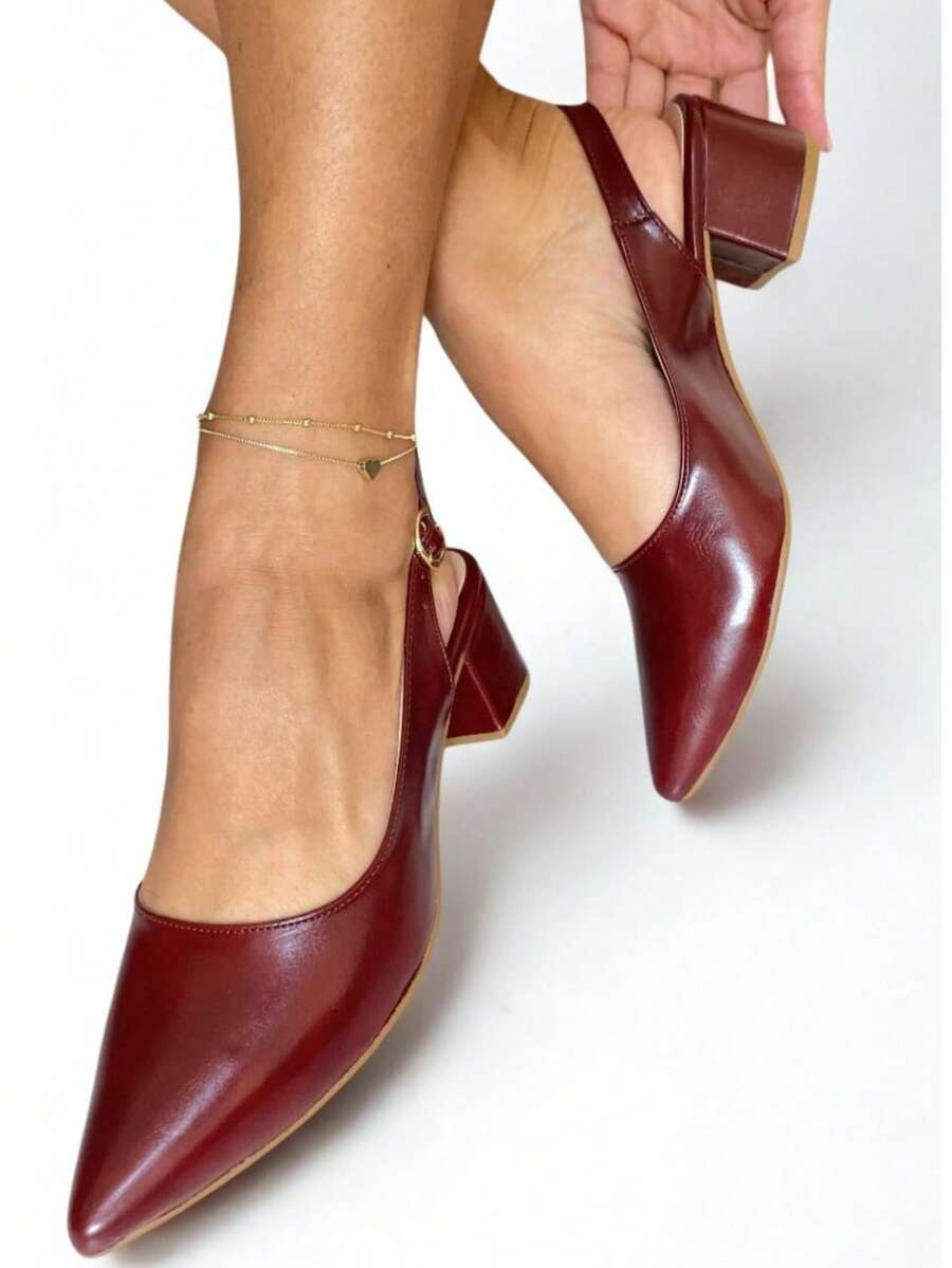 Elegant Block Heel Sandal With Pointed Toe, Closed Back, And Open Back. - Redwood - View 1