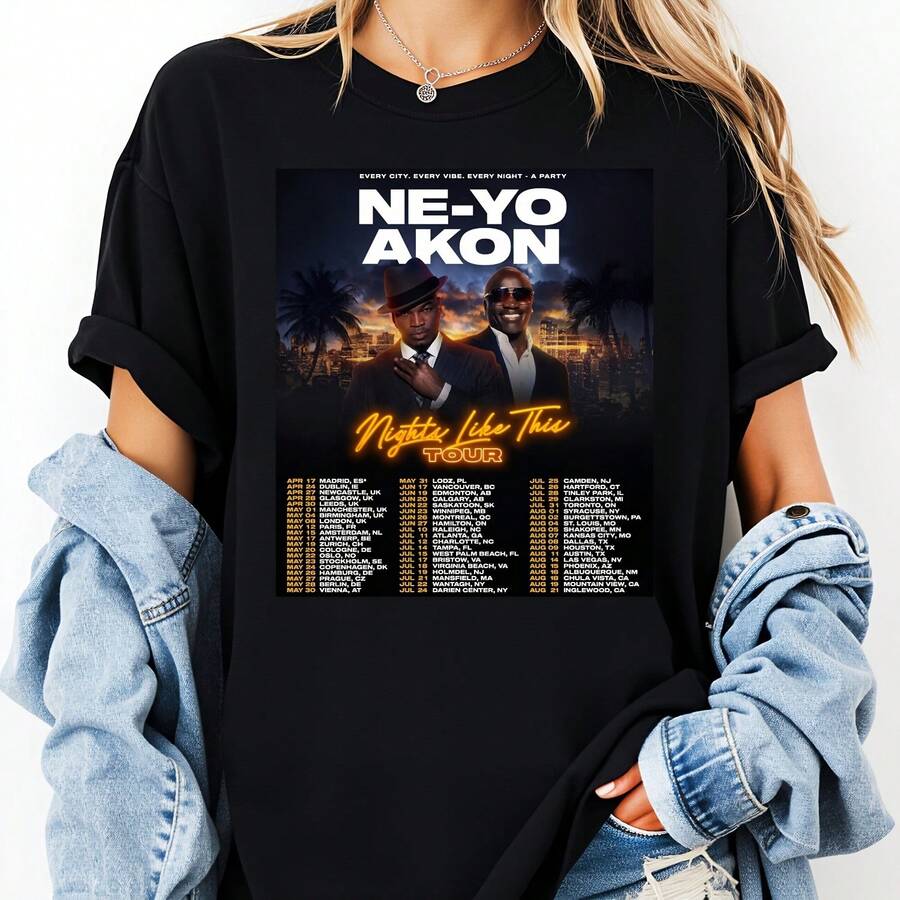 1pc 2026 New Ne-Yo & Akon Nights Like This World Tour Printed T-Shirt Full Size S To 5XL CT1090 Music Fan Casual Short Sleeve Top Soft Cotton Crew Neck Unisex Fan Tee Valentine's Day Gift 100% Cotton 1PC 180g - 黑色 - 查看 1