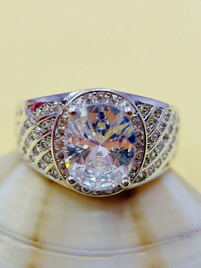 1枚商务宴会蓝色锆石华丽霸气戒指，男士约会派对婚礼订婚珠宝配饰装饰情人节礼物