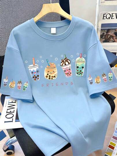 女士可爱珍珠奶茶印花短袖T恤，舒适透气，夏季日常休闲装