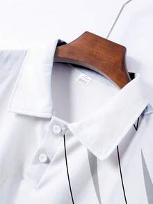 Men's Colorblock Geometric Lines Polo Shirt With Collar And Buttons, Suitable For Golf, Sports, And Casual Wear In Summer - Red and White - View 3