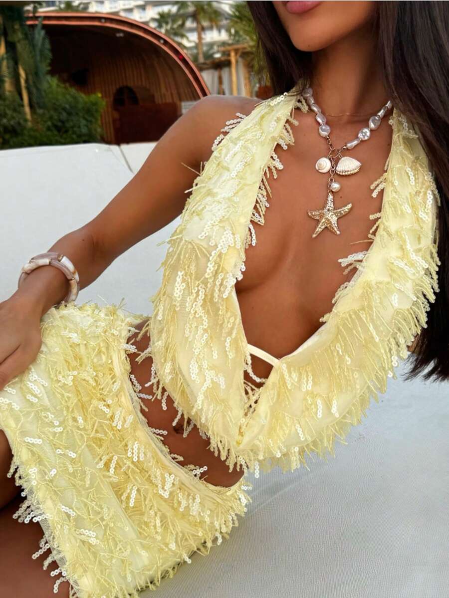 夏季垂坠式亮片刺绣上衣和半裙套装 - 黃色 - 查看 1