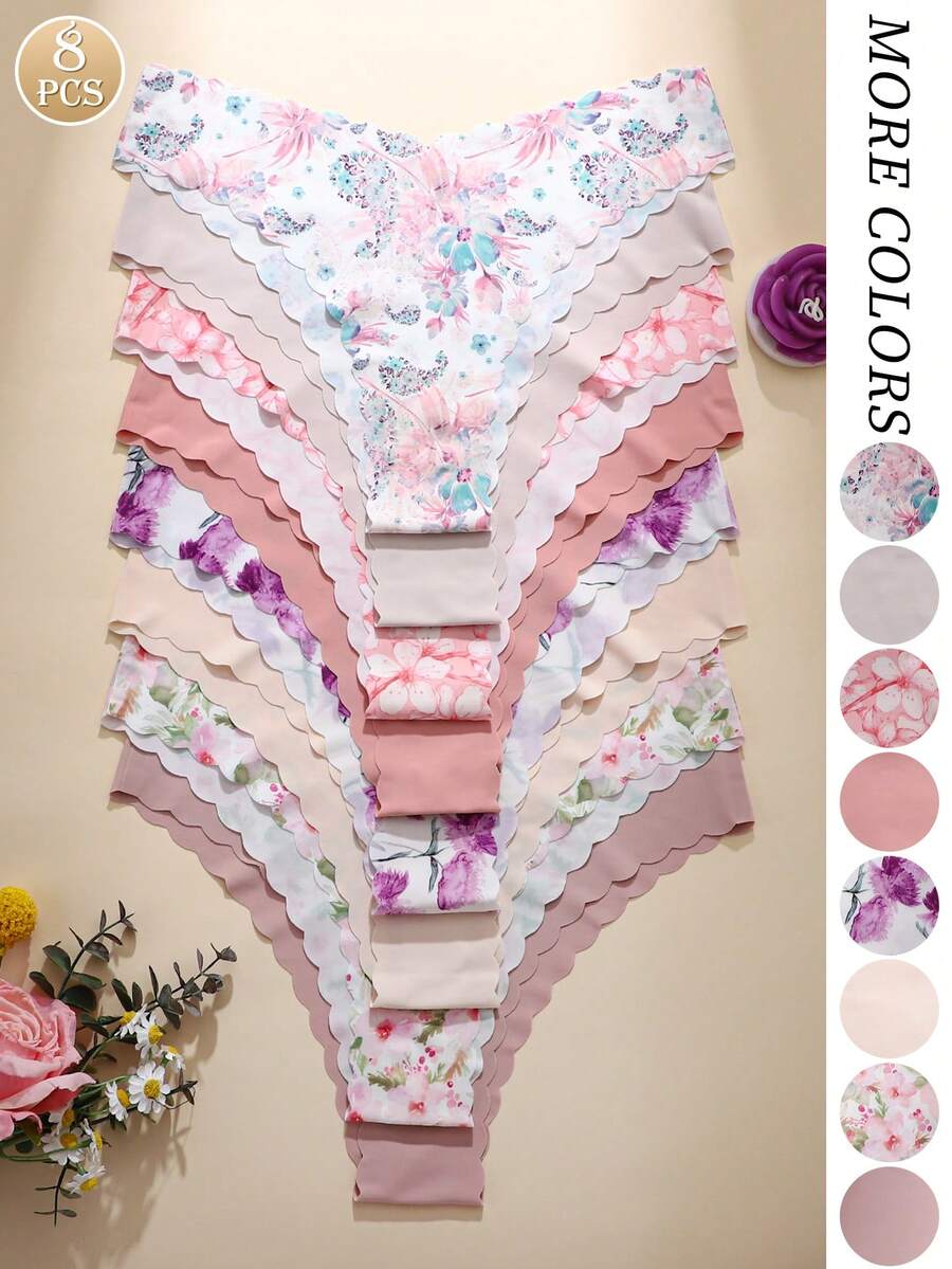 Bộ 8 chiếc quần lót tam giác không đường may dành cho nữ, họa tiết da báo và màu trơn, viền lượn sóng, chất liệu mềm mại, thoải mái.