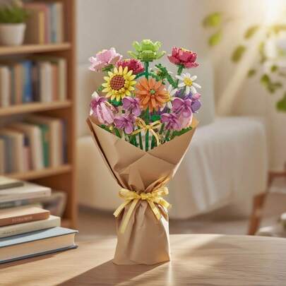 1 套花朵积木，DIY 彩色花朵系列积木，包括贝拉花、雏菊、郁金香、木棉、康乃馨牡丹、蝴蝶兰积木，1 套 10 朵花，共 1000 多块。非常适合节日、父亲节、母亲节、婚礼、婚礼装饰、毕业礼物。