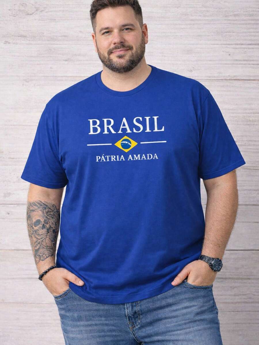 Men's Plus Size Casual Printed T-Shirt "Brazil, Beloved Homeland" 100% Cotton Shirt/Blouse For The World Cup - 寶藍色 - 查看 1