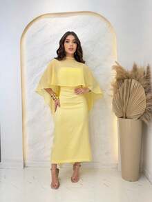 Strapless Midi Dress With Cape - 奶油黃 - 查看 1