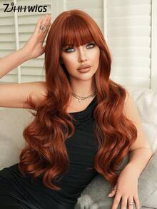 7JHH WIGS Tóc giả màu cam gừng thời trang dành cho nữ, dài 28 inch, kiểu tóc gợn sóng có mái, chất liệu sợi tổng hợp chịu nhiệt mật độ cao, kiểu tóc xoăn gợn sóng tự nhiên màu cam gừng, thích hợp cho các bữa tiệc hàng ngày, hóa trang Halloween, phụ kiện tóc giả không cần keo dán dành cho người mới bắt đầu. - gừng - Xem 2
